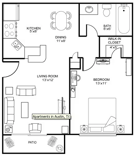 1 Bedroom 1 Bath Plan A2 1604 floor plan